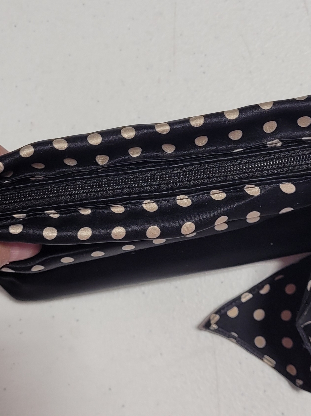 Black Polka Dot Satin Bow Clutch with Rhinestone Buckle - Picture 5 of 5